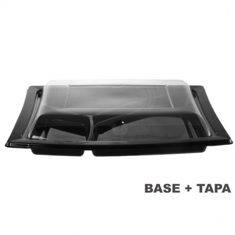 Plato 3 compartimentos negro con tapa transparente
